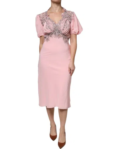 Pre-owned Ermanno Scervino Floral Lace Short Sleeves V-neck Midi Women's Dress () In Pink