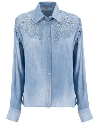 Ermanno Scervino Floral Lace Shoulder Shirt In Vintage Jeans Fabric In Blue