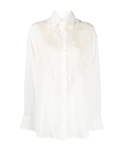 Ermanno Scervino Floral-lace Silk Shirt In Bright White/ottico