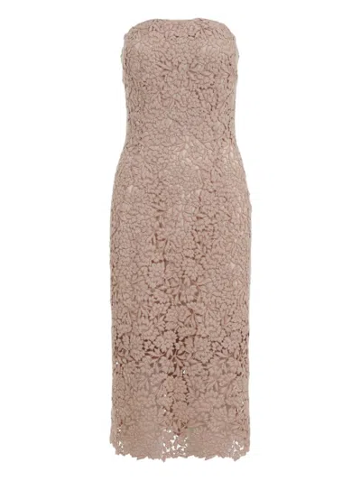 Ermanno Scervino Strapless Midi Dress With Floral Embroidery In Brown