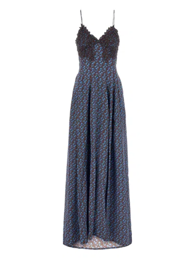 Ermanno Scervino Floral Lace-trimmed Maxi Dress In Blue
