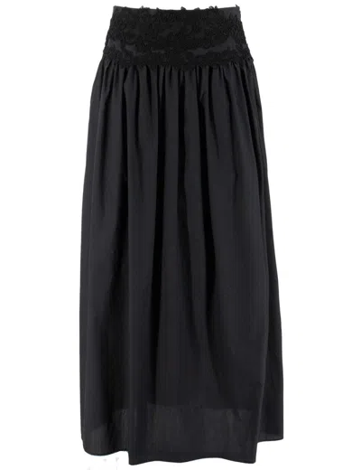 Ermanno Scervino Floral Lace Waistband Flowing Black Cotton Maxi Skirt