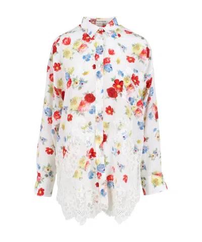 Ermanno Scervino Floral Printing Mixed Spliced Shirt In White