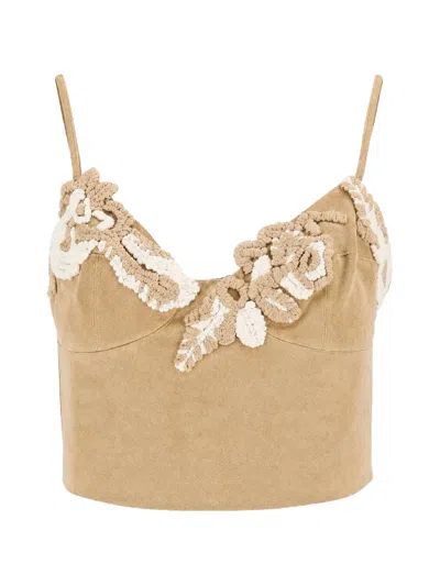 Ermanno Scervino Embroidered Sweetheart Neckline Cropped Tank Top In Brown
