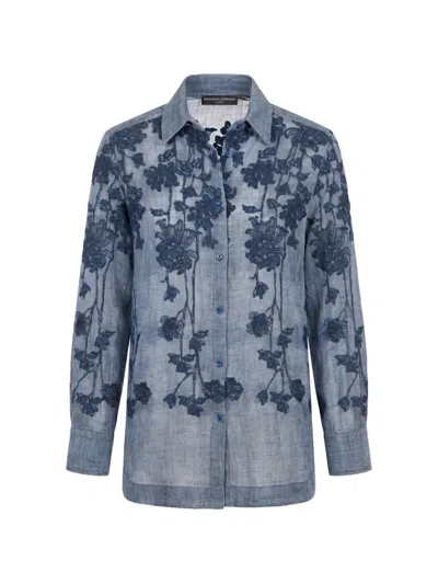 Ermanno Scervino Floral-embroidered Linen Shirt In Blue