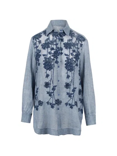 Ermanno Scervino Floral-embroidered Long-sleeve Shirt In Blue