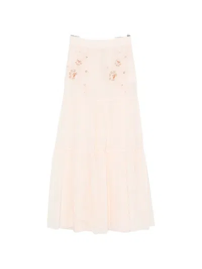 Ermanno Scervino Long Cotton Skirt Embroidered Lightweight Sheer Tiers In Neutral