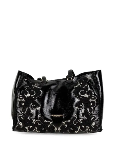 Ermanno Scervino Floral-embroidered Patent Tote Bag In Black