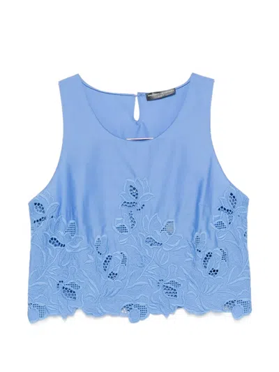 Ermanno Scervino Floral-embroidered Scalloped-hem Top In Blue