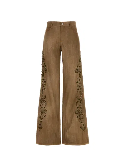 Ermanno Scervino Baggy Trousers In Viscose Marocain With Floral Embroidery In Brown