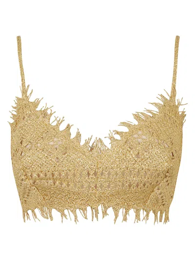 Ermanno Scervino Fringe Trim Perforated Woven Top In Gold
