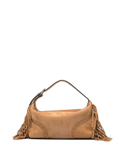Ermanno Scervino Fringed Trim Bag In Beige Leather In Sand