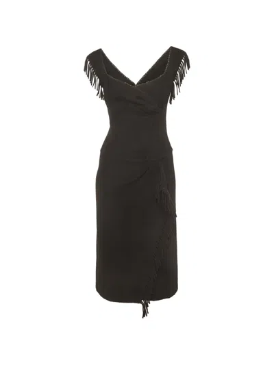 Pre-owned Ermanno Scervino Fringe-detail Cashmere Midi Dress In Black