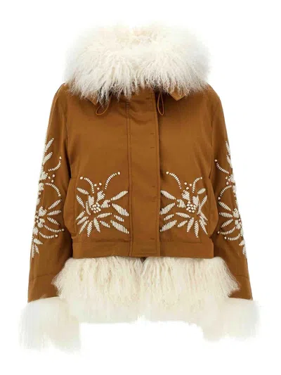 Ermanno Scervino Fur-embellished Cotton Parka With Quilted Lining In Brown