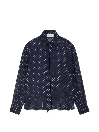 Ermanno Scervino Georgette Polka-dot Lace-trim Shirt In Blue