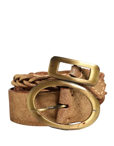 Pre-owned Ermanno Scervino Gold Leather Braided Metal Buckle Women's Belt ()