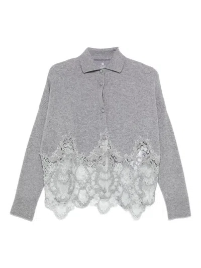 Ermanno Scervino Grey Cardigan With Lace Hem