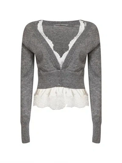 Ermanno Scervino Grey Cashmere Cropped Cardigan With Satin And Lace Insert In Gray