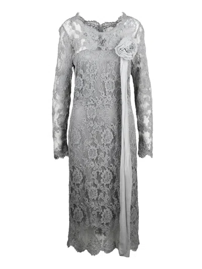 Ermanno Scervino Grey Floral Lace Silk Slip Dress