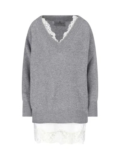 Ermanno Scervino Grey V-neck Lace Cashmere Mini Dress In Gray