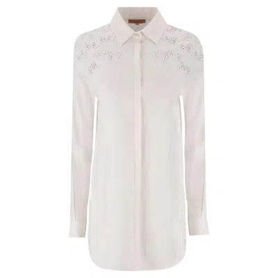Pre-owned Ermanno Scervino Guipure Lace Embellished Longline Cotton Shirt In Gray