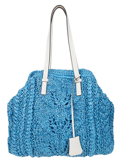 Ermanno Scervino Handmade Raffia Yarn Tote Bag With Leather Handles In Blue
