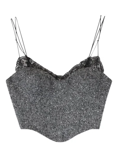 Ermanno Scervino Herringbone-print Lace-trimmed Top In Gray