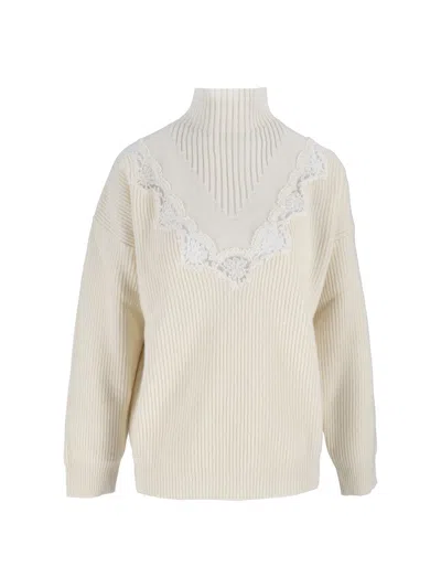 Ermanno Scervino High Mock Neck Lace Detail Ribbed Knit Sweater In Neutral
