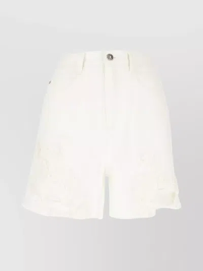 Ermanno Scervino High Waist Frayed Hem Floral Embroidery Shorts In White