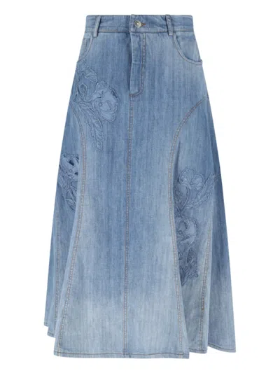 Ermanno Scervino High-waisted Midi Denim Skirt With Floral Patches In Neutral
