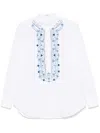 Ermanno Scervino Mandarin Collar Shirt With Intricate Blue Embroidery In White