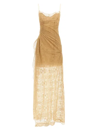 Ermanno Scervino Intricate Majolica Embroidered Sheath Dress With Thin Straps In Brown