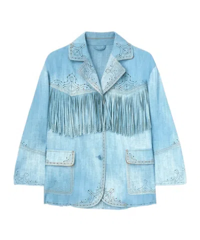 Ermanno Scervino Fringed Laser-cut Denim Jacket In Blue