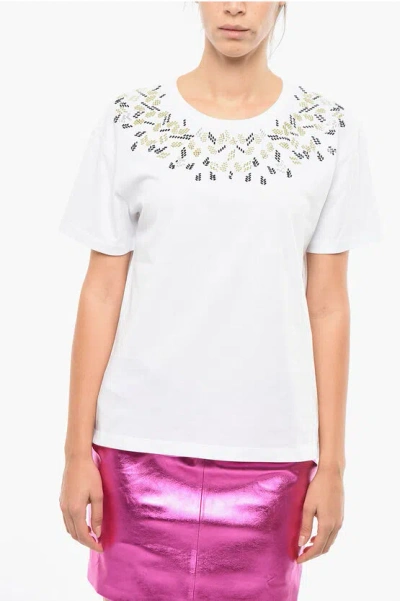 Ermanno Scervino Short-sleeved Round-neck Cotton T-shirt Embellished With Applied Crystals In White