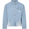 ERMANNO SCERVINO JUNIOR BLUE SHIRT FOR GIRL WITH EMBROIDERY AND LOGO