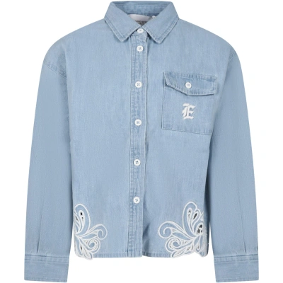 Ermanno Scervino Junior Kids' Blue Shirt For Girl With Embroidery And Logo In Denim