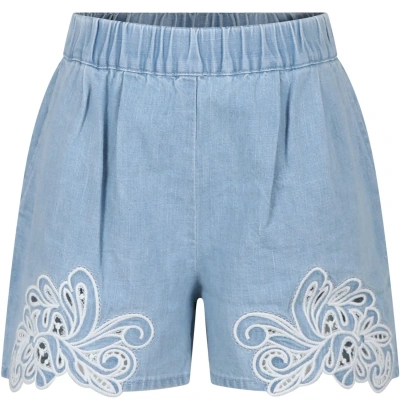 Ermanno Scervino Junior Kids' Blue Shorts For Girl With Embroidery In Denim