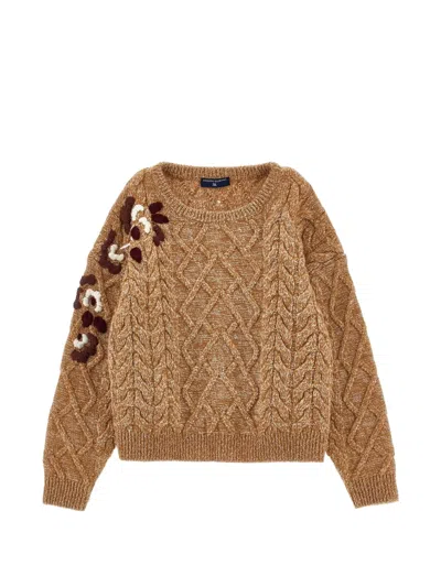 Ermanno Scervino Junior Kids' Cable-knit Floral-embroidered Sweater In Neutral