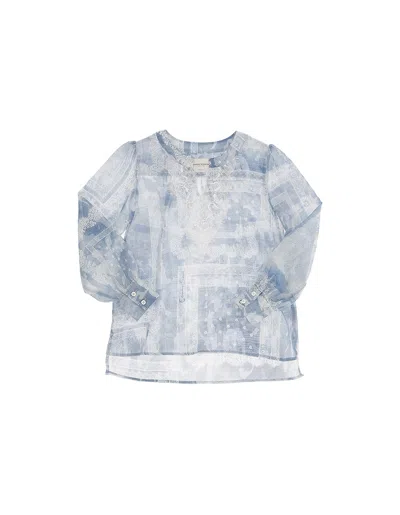 Ermanno Scervino Junior Kids' Cotton And Silk Voile Blouse With Lace In Blue