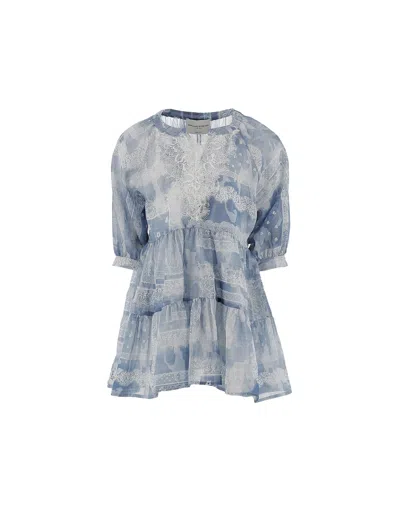 Ermanno Scervino Junior Kids' Cotton And Silk Voile Dress With Lace In Blue