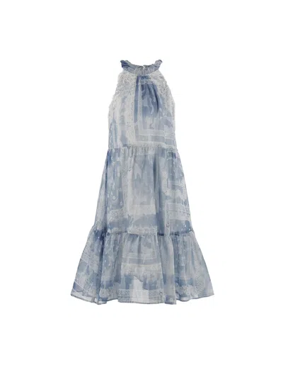 Ermanno Scervino Junior Kids' Cotton And Silk Voile Sleeveless Dress With Lace In Blue