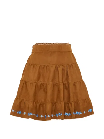Ermanno Scervino Junior Embroidered Tiered Skirt In Brown