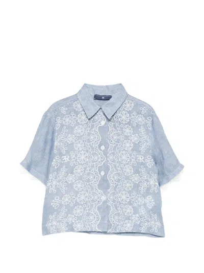 Ermanno Scervino Junior Kids' Floral-embroidered Lace-trim Shirt In Blue