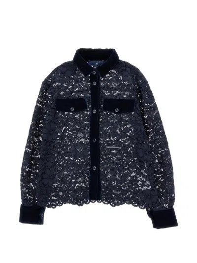 Ermanno Scervino Junior Kids' Floral-lace Velvet-trim Shirt In Blue