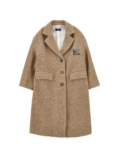 Ermanno Scervino Junior Kids' Herringbone Crystal-embellished Coat In Brown