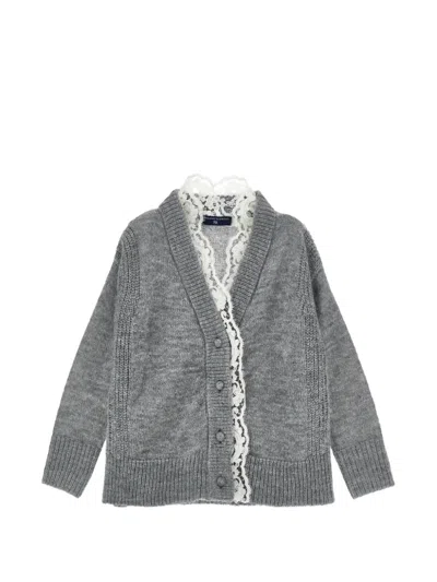 Ermanno Scervino Junior Kids' Lace-trim Knitted Cardigan In Gray