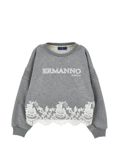 Ermanno Scervino Junior Kids' Lace-trim Logo-embroidered Sweater In Gray