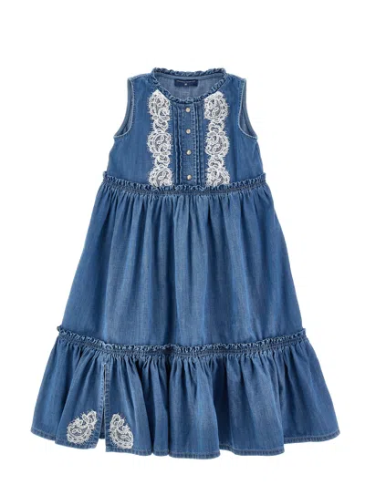 Ermanno Scervino Kids  Chambray Dress With Lace In Blue