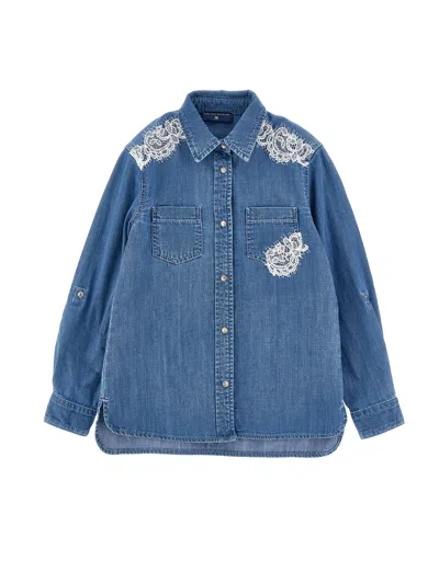 Ermanno Scervino Kids  Chambray Shirt With Lace Embroidery In Blue