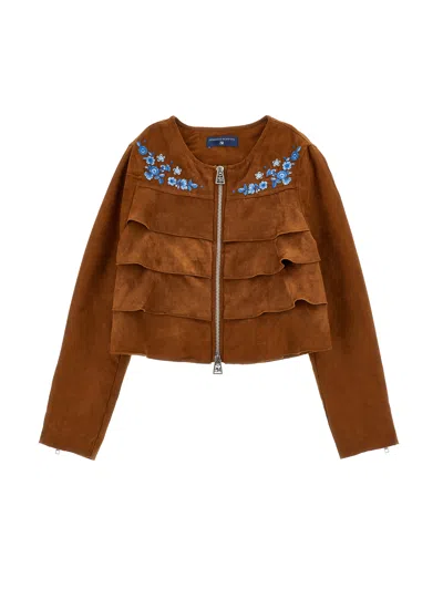 Ermanno Scervino Kids  Embroidered Frilled Jacket In Brown